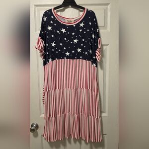 Navy Star & Red Stripe Tiered Dress